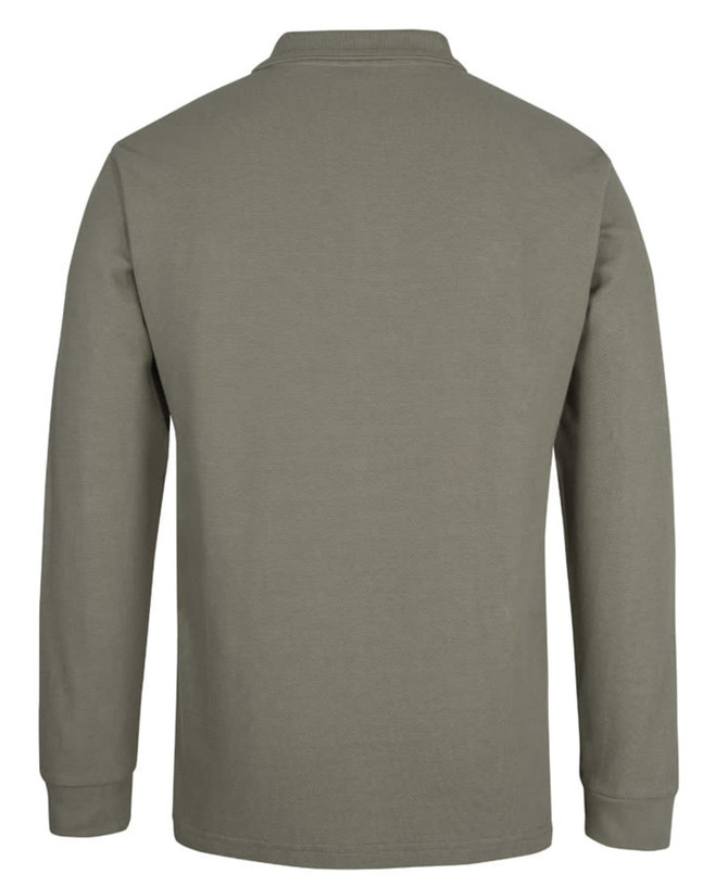 A long-sleeve olive green polo shirt with a collar and a logo on the back.