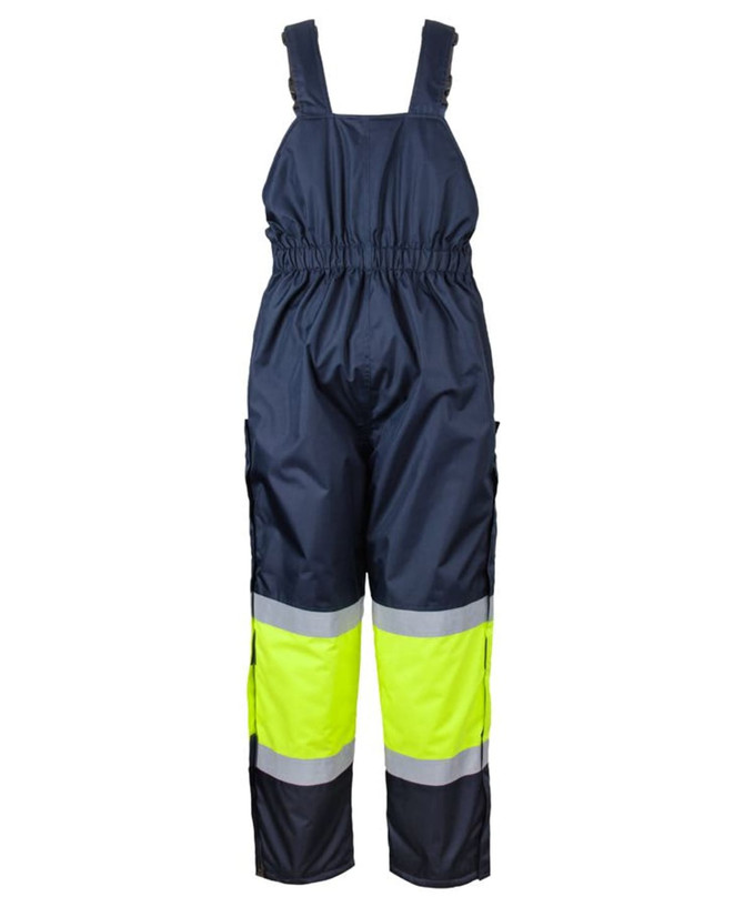 Navy and lime bib and brace safety wear with reflective tape, featuring adjustable straps and elasticised waist.