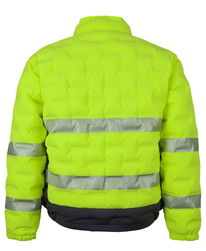 A bright lime green puffer jacket featuring reflective stripes, with a black bottom section and a visible logo.