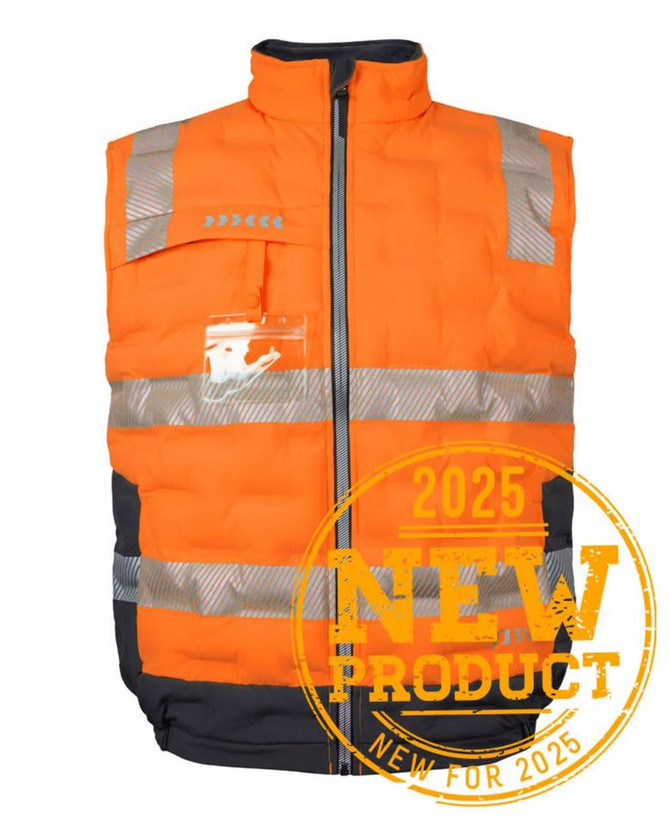 An orange and black graphene puffer vest with reflective stripes and a pocket, featuring a logo.