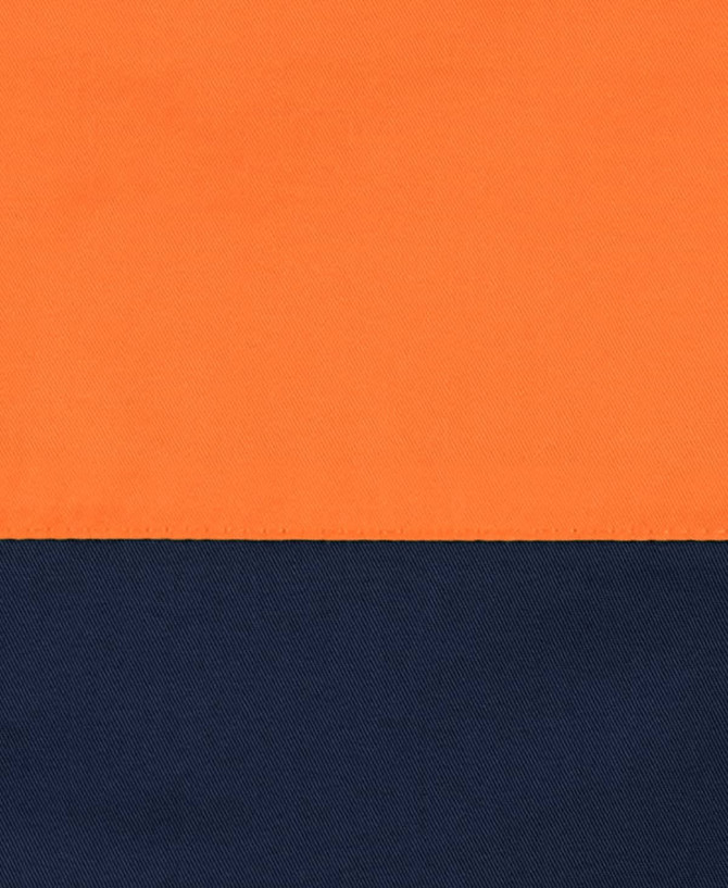 A long-sleeve shirt featuring bright orange and navy blue fabric, designed for safety wear with a logo present.