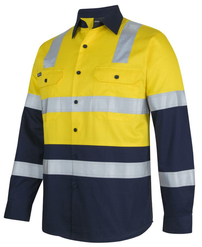 A long-sleeve safety shirt in high-visibility yellow and navy, featuring reflective stripes and two chest pockets.