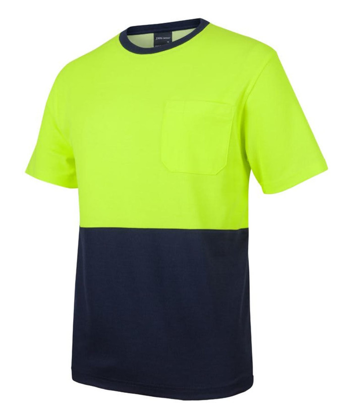 A bright yellow and navy T-shirt featuring a pocket and a logo.