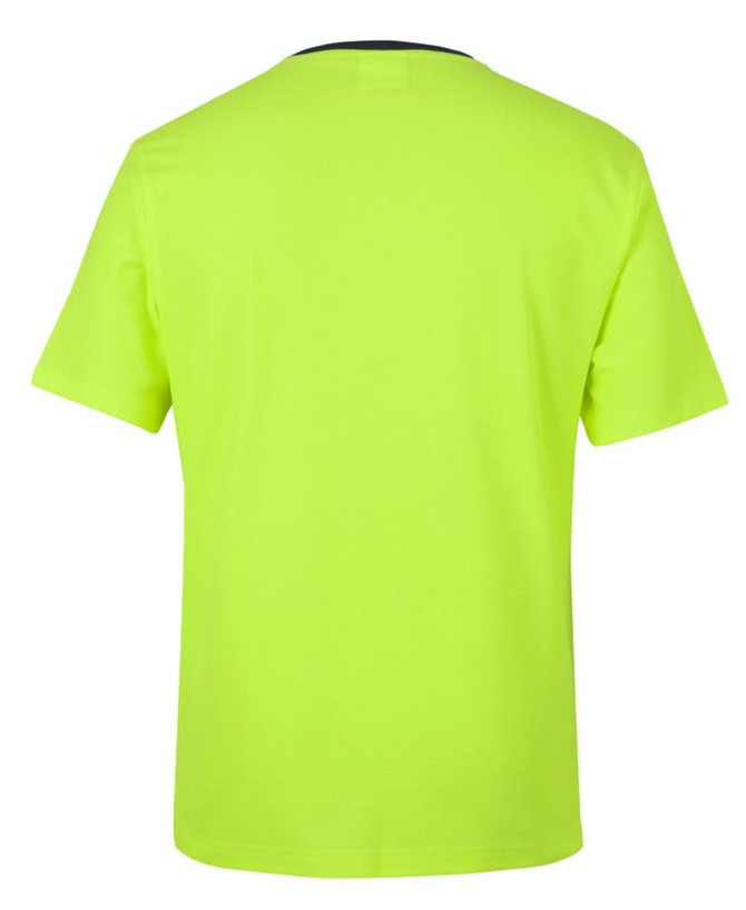A bright yellow T-shirt with short sleeves and a classic crew neck, featuring a simple design and a logo.