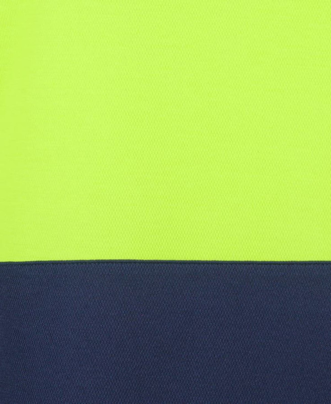 A high-visibility cotton T-shirt featuring a bright yellow top section and a navy blue bottom section, with a logo.