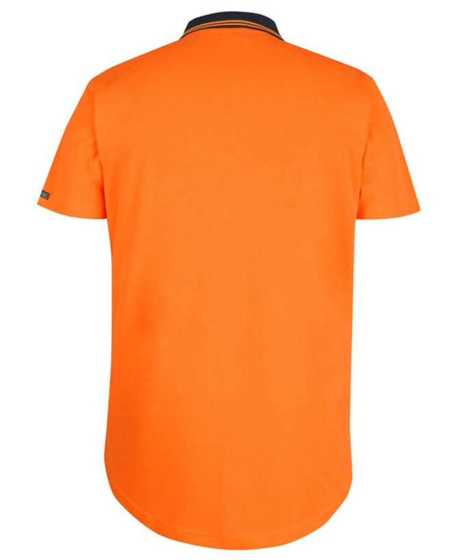 An orange short-sleeve polo shirt with a drop tail design and a contrasting collar. It features a logo.