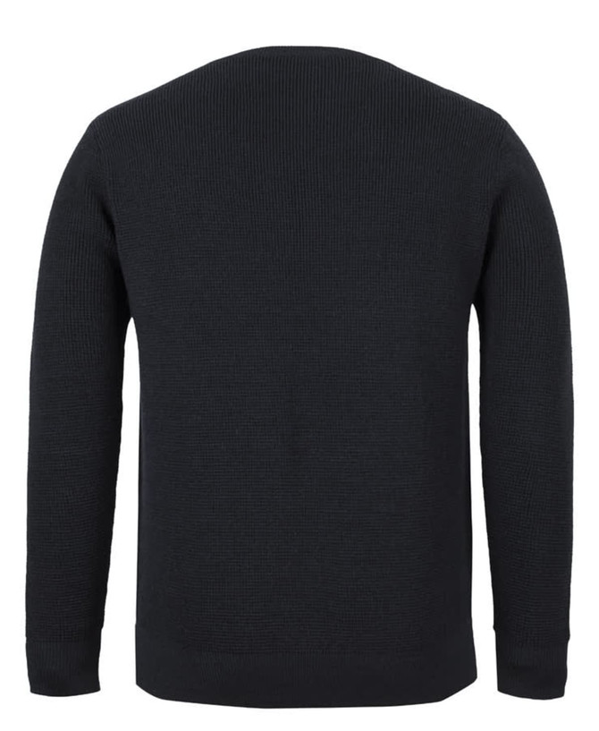 A knitted chunky crew neck jumper in black, featuring a textured pattern and a simple design on the back.