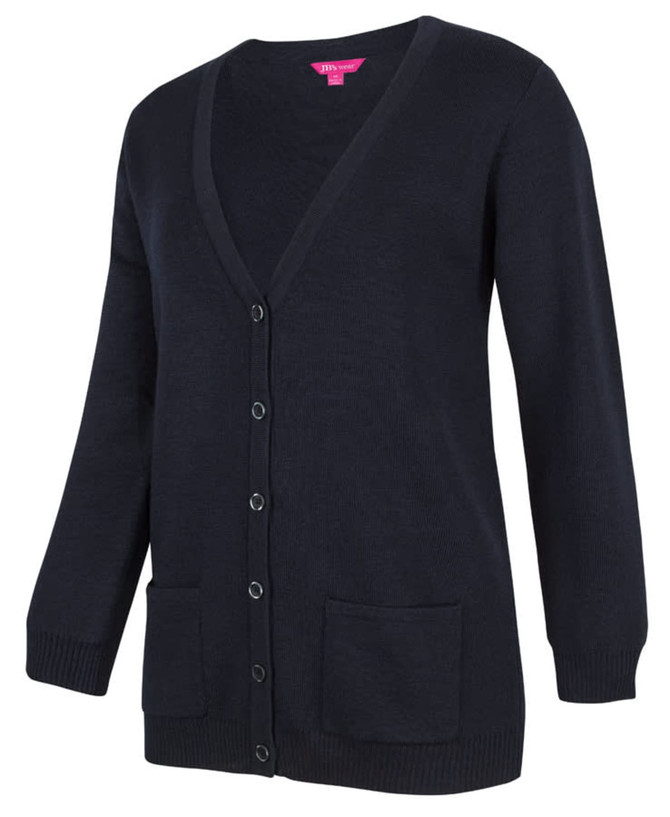 A dark navy cardigan with a V-neck, buttons down the front, and two front pockets. It has a branding logo.
