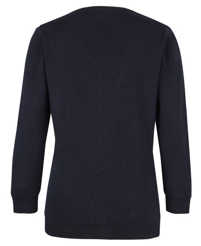 A navy blue cardigan with long sleeves and a simple design, featuring a logo. Back view shown.