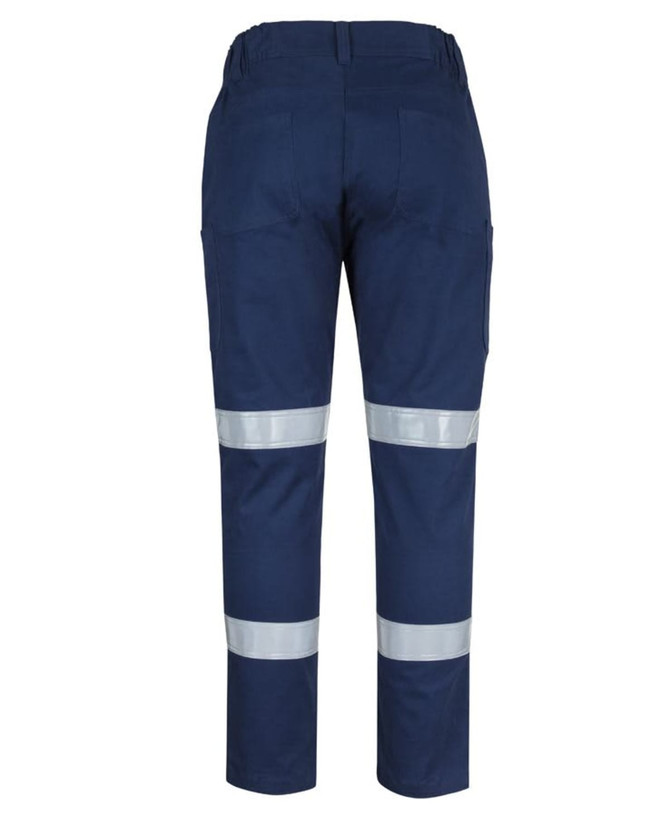 Navy cargo pants featuring reflective tape, with pockets on the sides and a logo. Back view displayed.