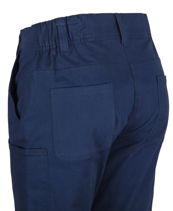 Navy cargo pants featuring multiple pockets and elastic waist detailing. Includes a logo on the garment.