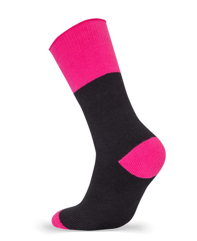 A black work sock with a pink top and pink heel, featured in a promotional product image.