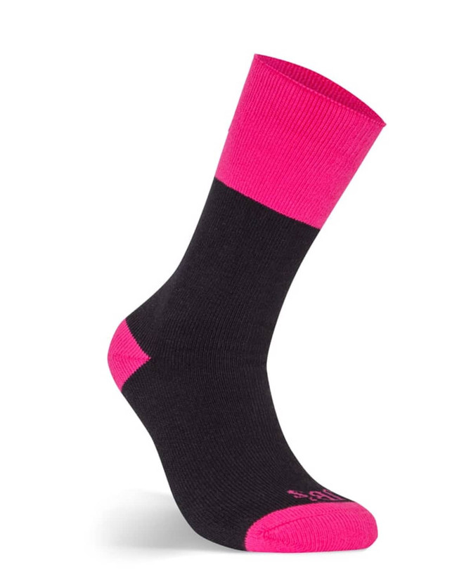 A black work sock with a pink top band, featuring a brand logo. Part of a three-pack product.