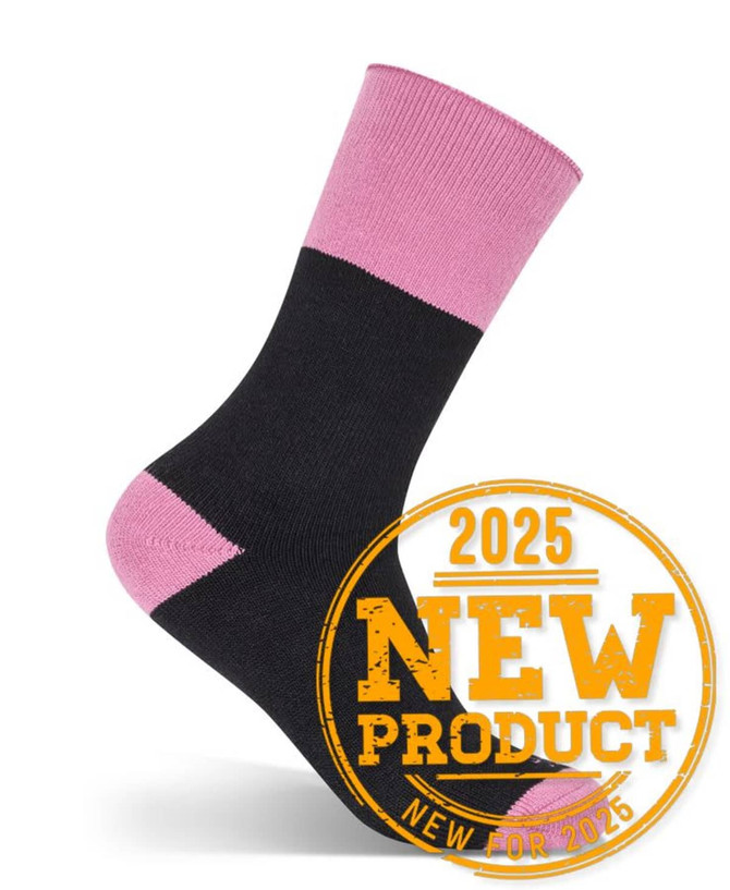 A black work sock with a pink cuff, featuring a logo, displayed upright.