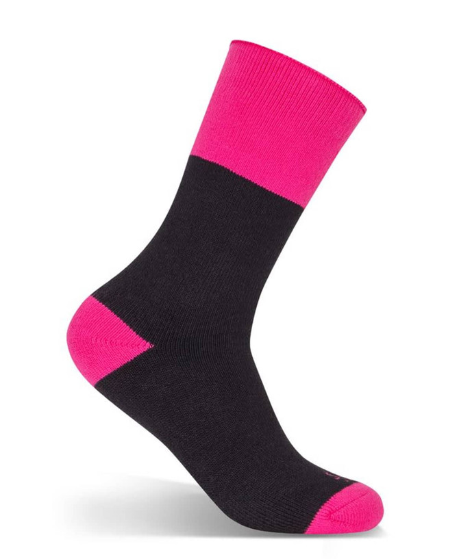 A pair of black work socks with a pink cuff and toe, featuring a branding logo.