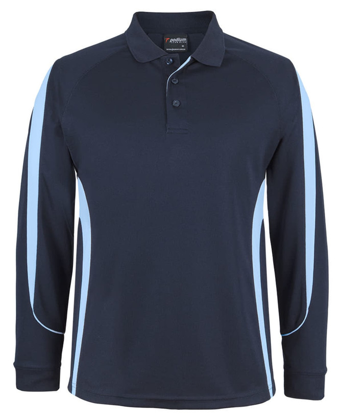 A dark navy long-sleeve polo shirt featuring light blue side stripes and a collar. It has a logo on the chest.