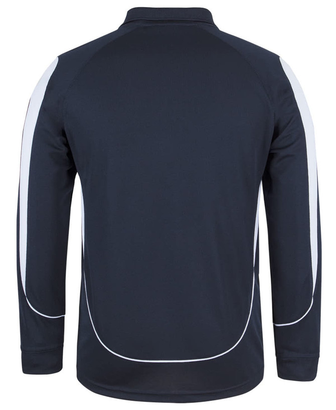 A long-sleeved navy polo shirt with contrasting white accents and a logo on the back.
