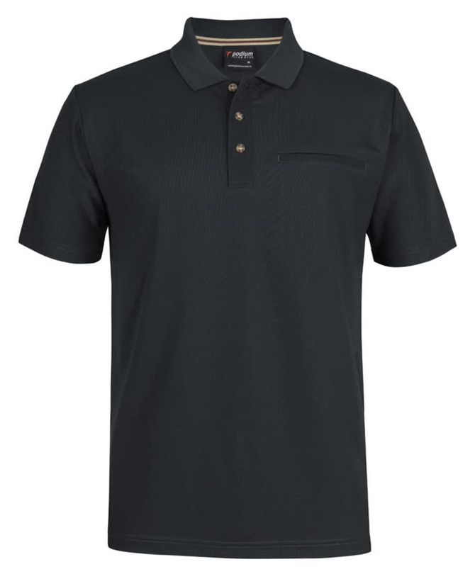 A black polo shirt made from recycled polyester, featuring a buttoned placket and a pocket, with a logo.