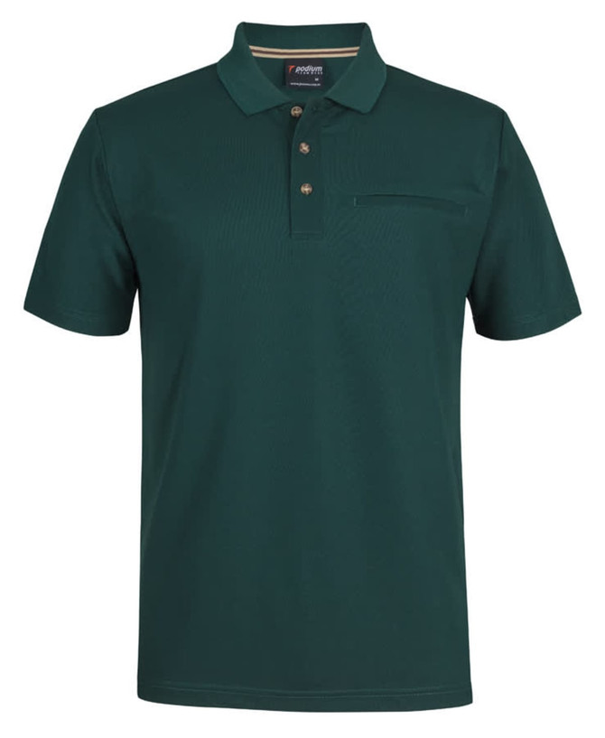 A green polo shirt with a collar, three buttons, and a chest pocket, featuring a logo.