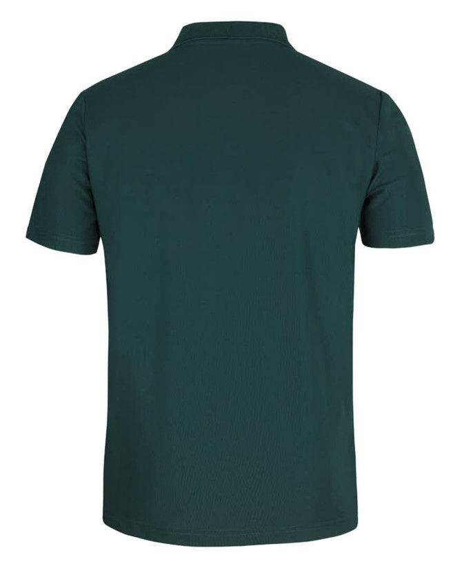 A green polo shirt made from recycled polyester, featuring a collar and short sleeves, with a logo on the fabric.
