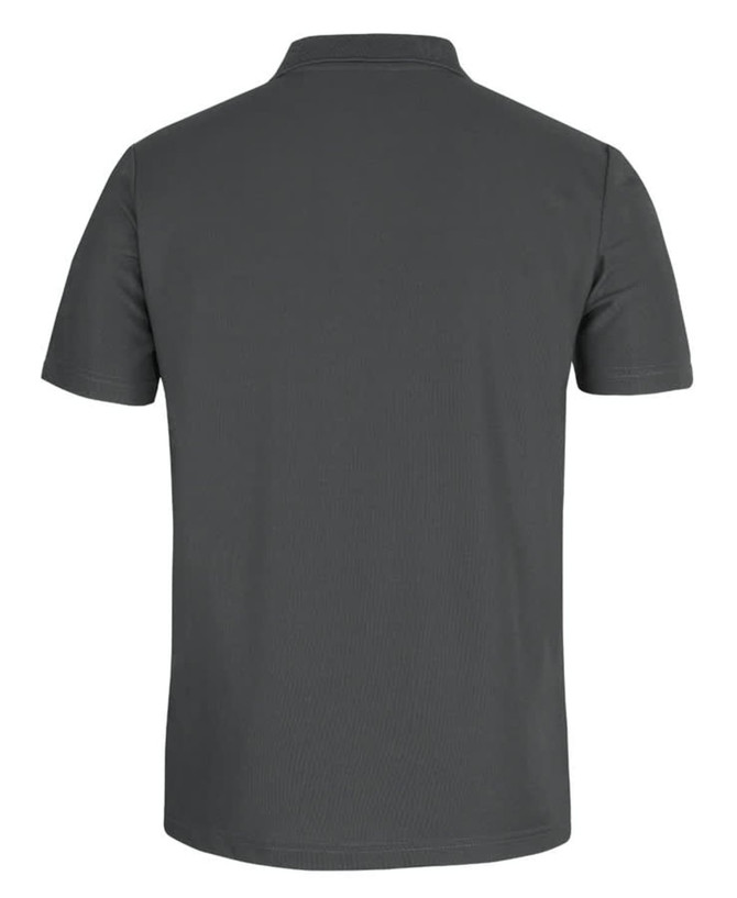 A grey polo shirt with a collar and short sleeves, featuring a logo. The back view displays the smooth fabric.