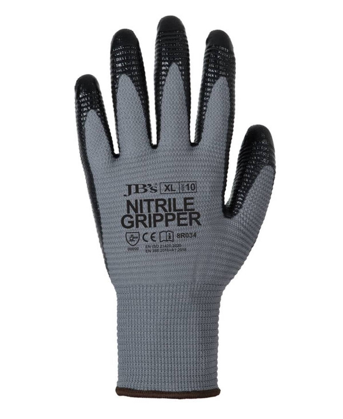A grey and black nitrile gripper glove, featuring a textured grip and a logo on the wrist area.