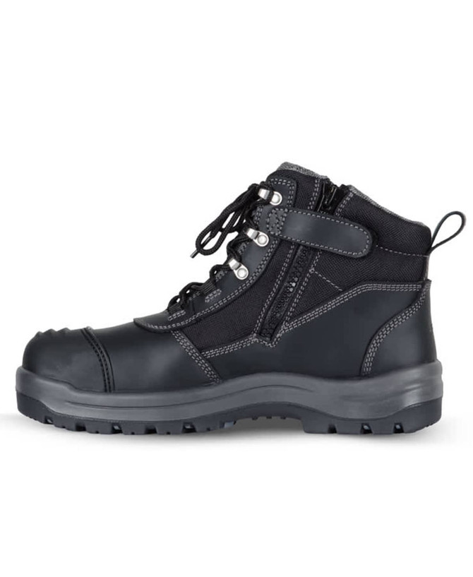 A black zip-up safety boot featuring laces and a rugged sole, designed for durability with a logo on the side.