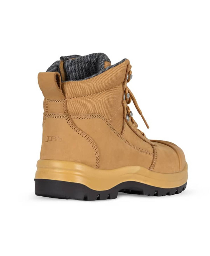 A tan zip safety boot featuring a sturdy sole, padded collar, and a logo on the side.