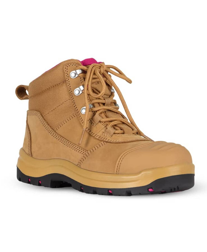 A wheat and pink safety boot with laces, featuring a sturdy sole and a logo on the side.