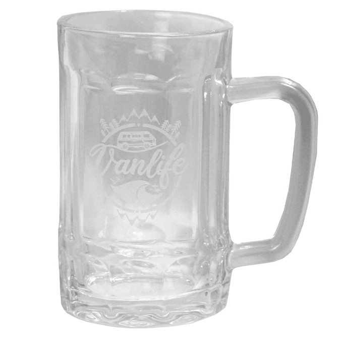 A clear Bavarian beer glass set, featuring a sturdy handle and an embossed design, perfect for enjoying beverages.