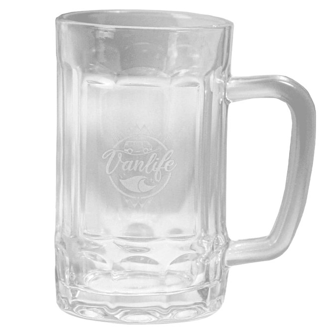 A clear glass beer mug with a sturdy handle, featuring a logo on the front. Ideal for enjoying beverages.