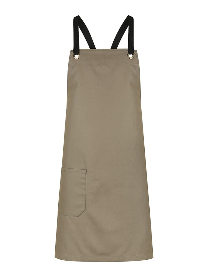 A khaki bib apron featuring black straps and a front pocket, with a logo present.