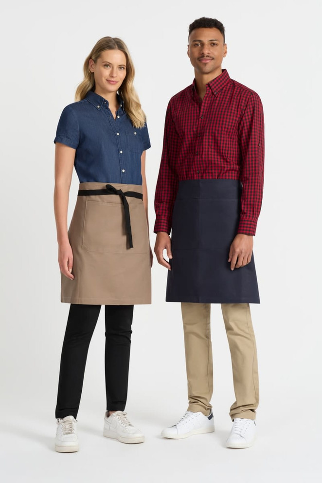 A ladies short sleeve button-up shirt in denim blue, paired with a male model in a red and black check shirt.