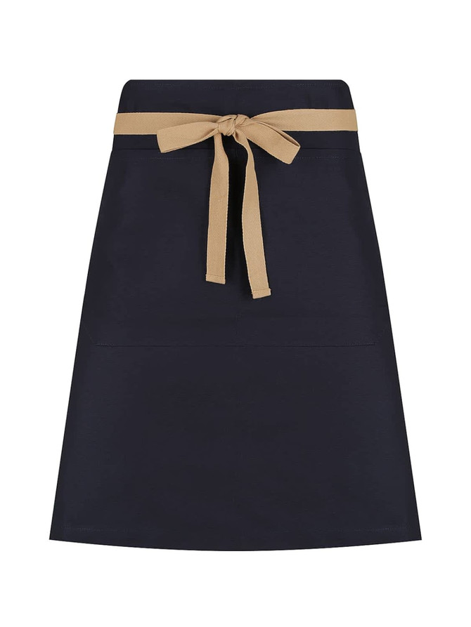 A navy waist apron with a tan tie and two front pockets. Features a logo at the top.