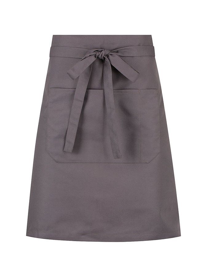 A grey waist apron with a tie-waste and a front pocket, featuring a logo on the fabric.