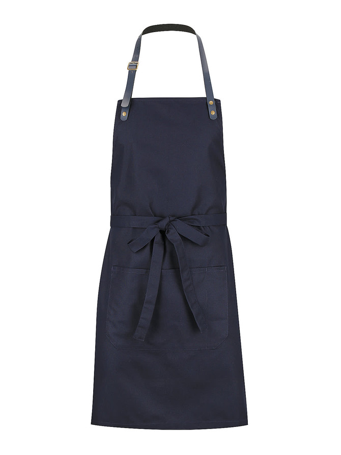 A navy blue bib apron with a tied waist and front pockets, featuring a logo on the fabric.