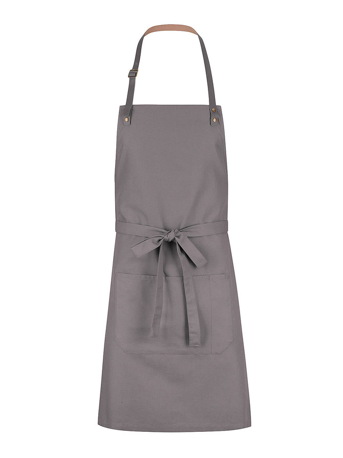 A grey bib apron with adjustable straps and a front pocket, featuring a logo on the fabric.