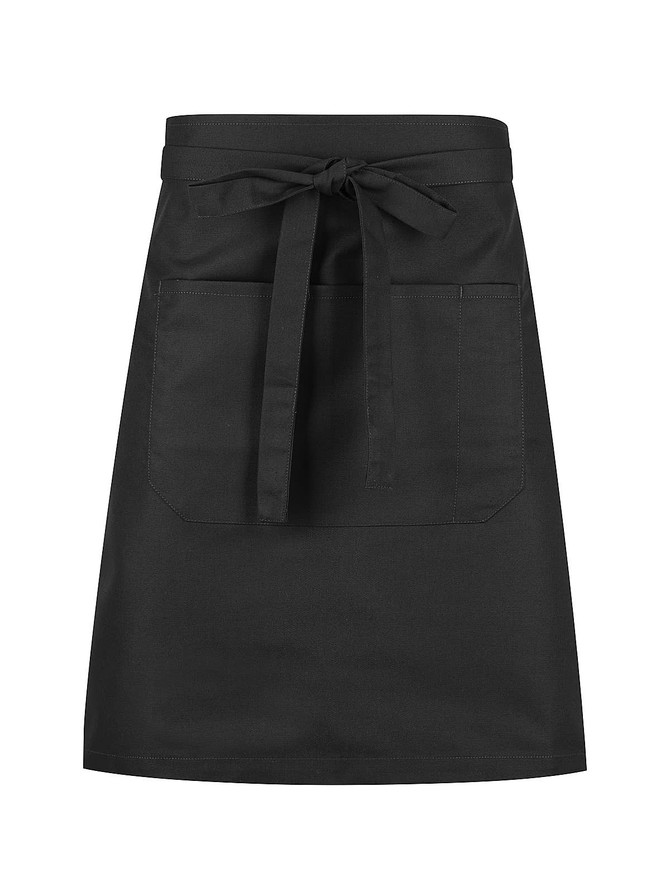 A black waist apron featuring a front pocket and a tie waist. The fabric has a smooth finish and is durable.
