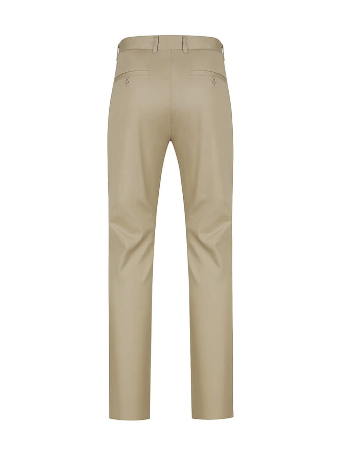 Beige men's chino pants with a slim fit and back pockets, featuring a logo on the rear waistband.
