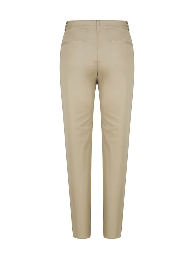 A pair of women's chino pants in a beige colour, featuring a sleek design and a logo on the waistband.