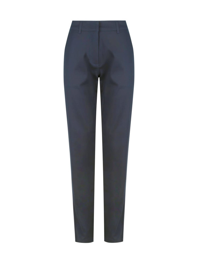 A pair of navy ladies' chino pants, featuring a sleek design with a logo. Ideal for casual or smart-casual wear.