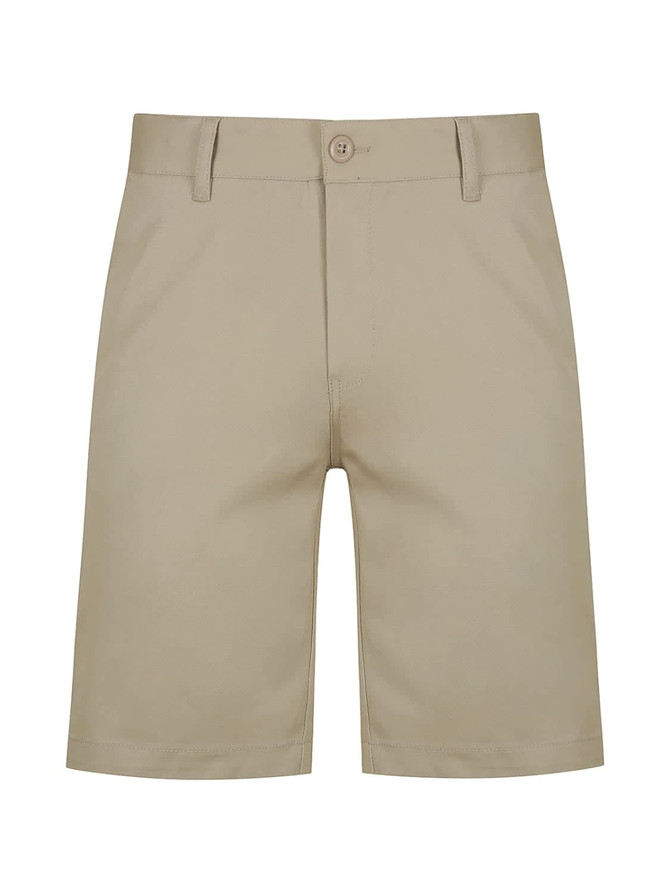 Beige men's chino shorts with a button closure and pockets. Features a logo, tailored for a smart-casual look.