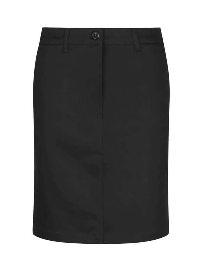A black chino skirt featuring a front button closure and structured design. Contains branding on the waistband.