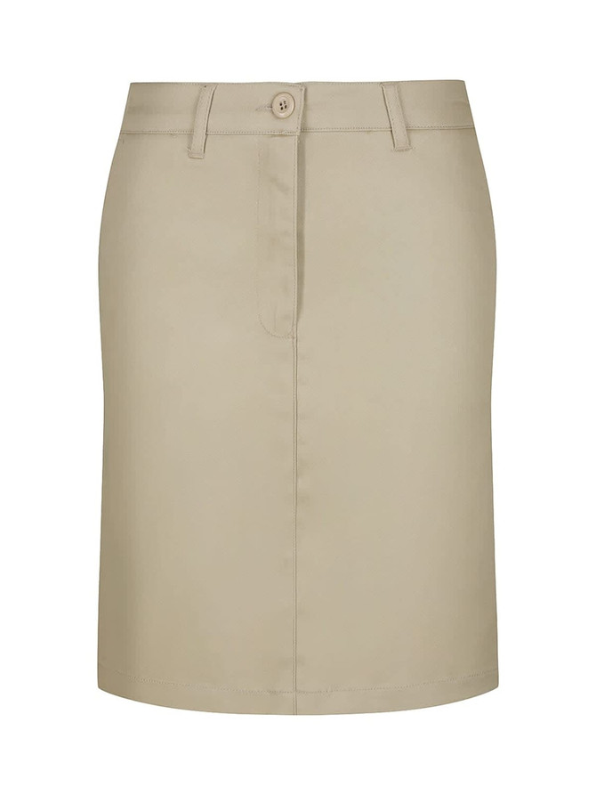 A khaki chino skirt with a front button and a straight cut, featuring a simple design. Includes a logo.
