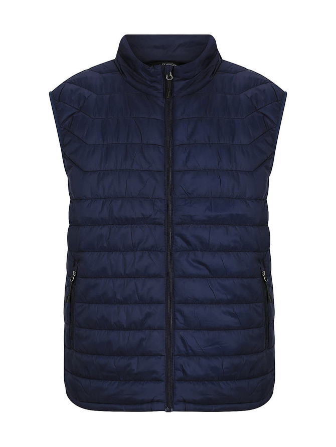 A navy puffer vest for men featuring a zip front and two side pockets, with a branding logo.