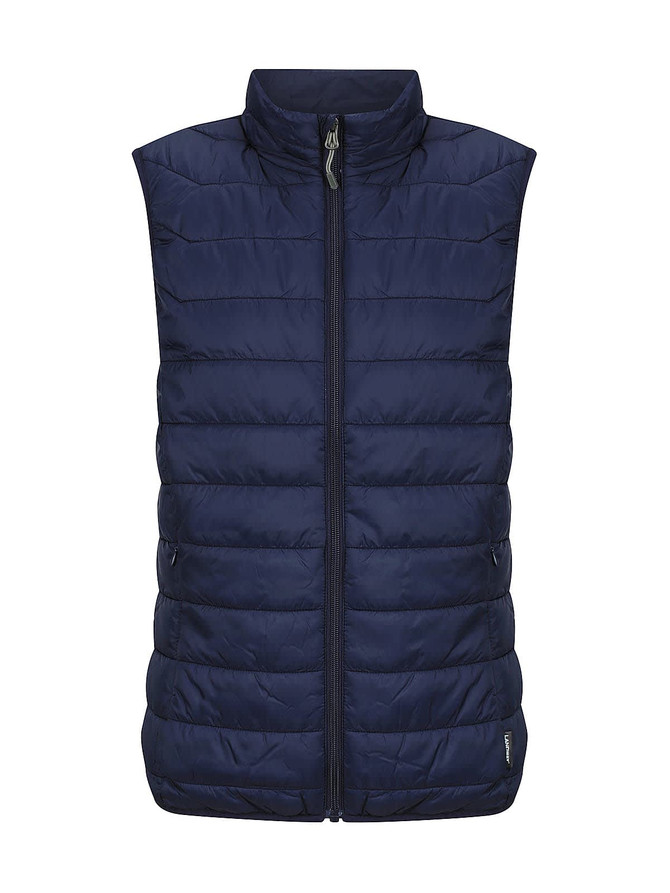 A navy puffer vest for ladies, featuring a zip front and a high collar, with a logo on the side.