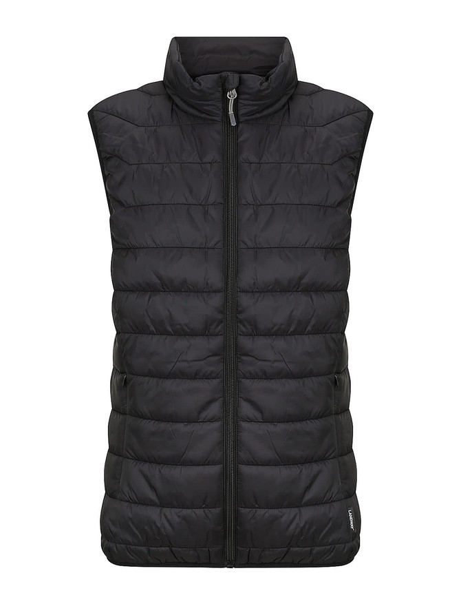 A black puffer vest for women featuring a high collar and zip front, with an attached logo.