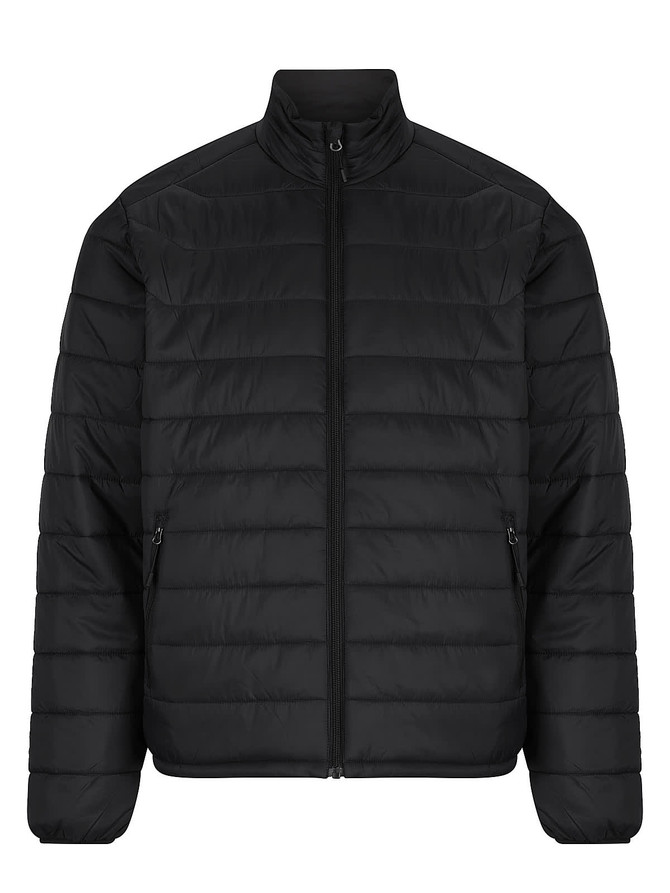 A black men's puffer jacket featuring a full zip, high collar, and zippered pockets. The jacket has a smooth, quilted design.
