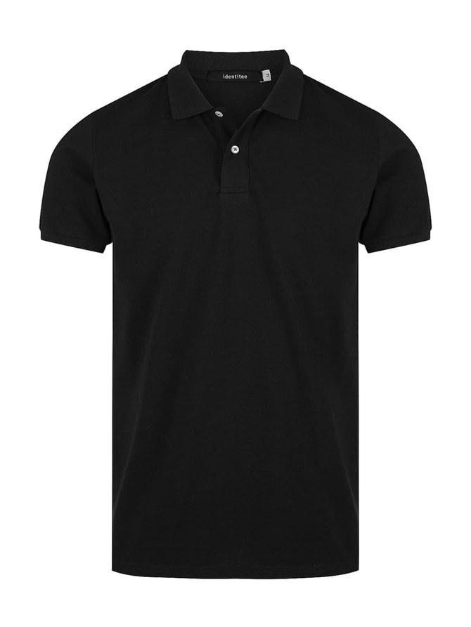 A black men's polo shirt with a collared neck and a logo on the chest.
