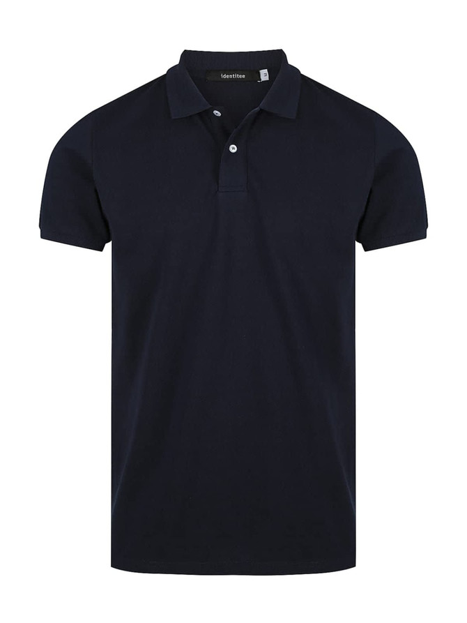 Navy blue men's polo shirt with a classic collar and short sleeves, featuring a logo.